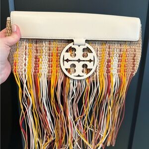 Tory Burch White and Yellow Clutch with Fringe